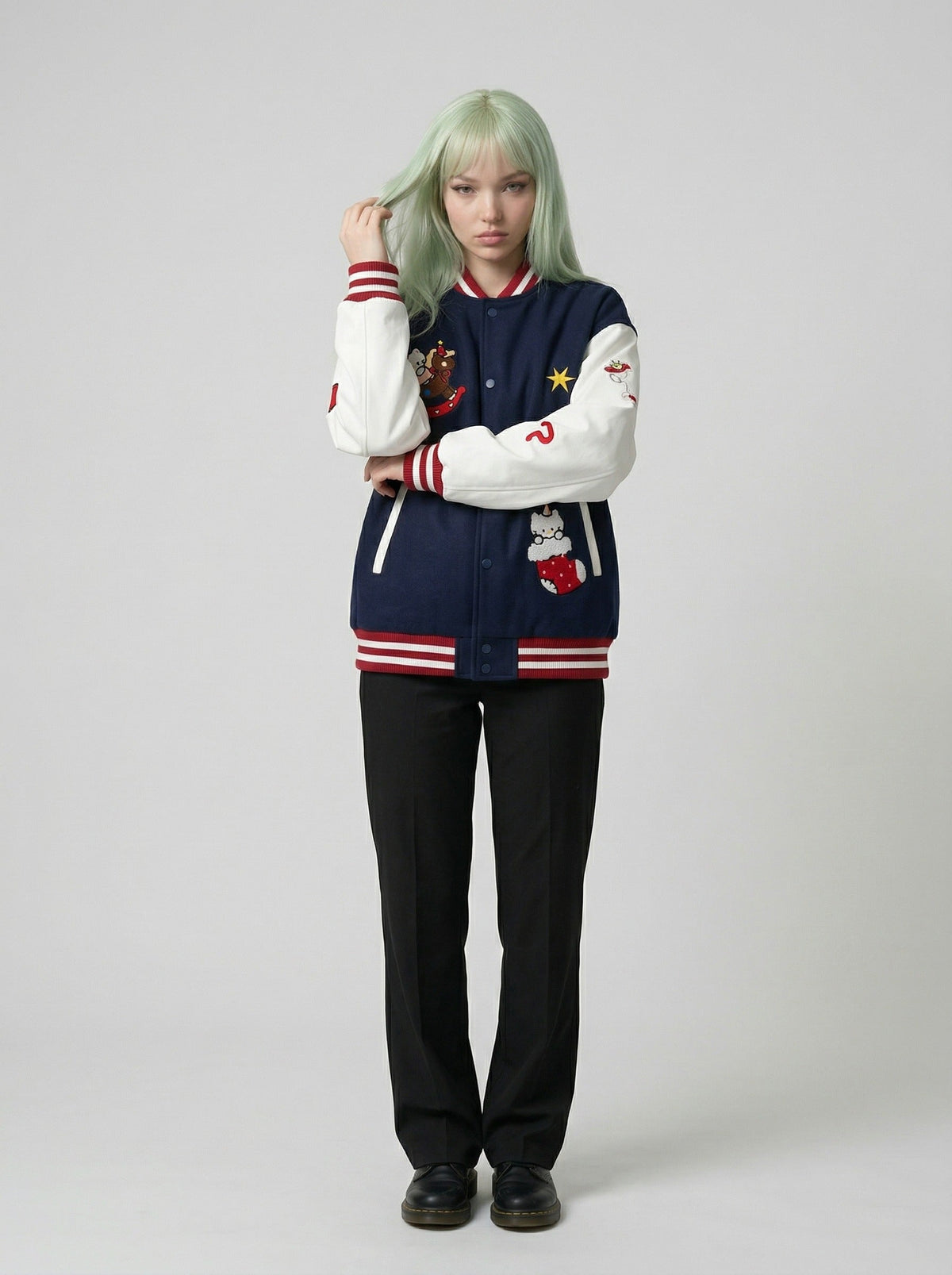 DAXUEN Relaxed fit varsity jacket with embroidered graphics — model photo