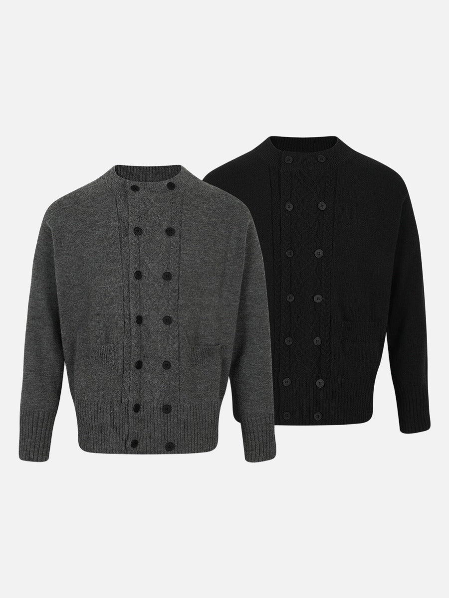 Vertical Cable Knit Double-Breasted Cardigan