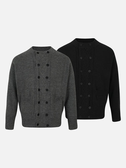 Vertical Cable Knit Double-Breasted Cardigan