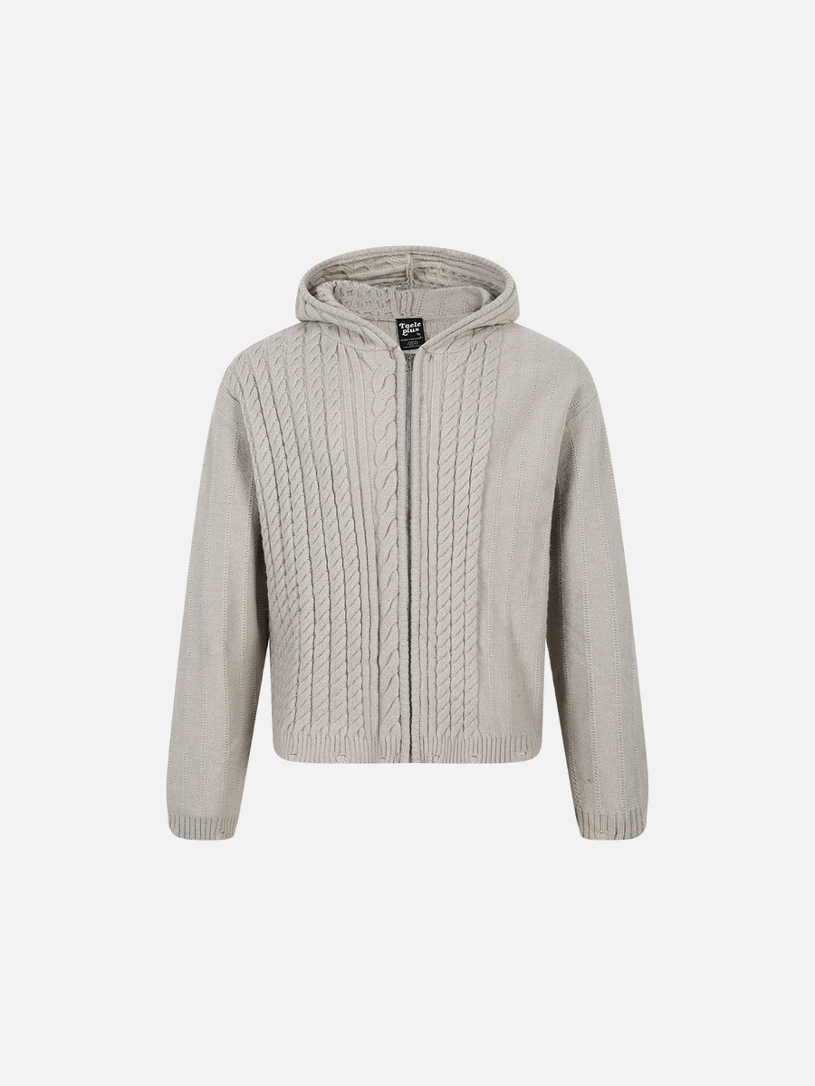 Vertical Cable Knit Hooded Cardigan