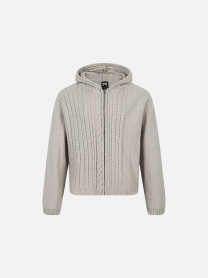 Vertical Cable Knit Hooded Cardigan