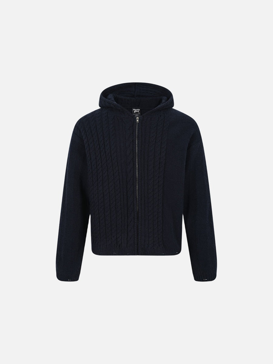 Vertical Cable Knit Hooded Cardigan
