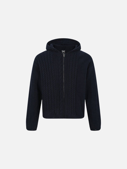 Vertical Cable Knit Hooded Cardigan