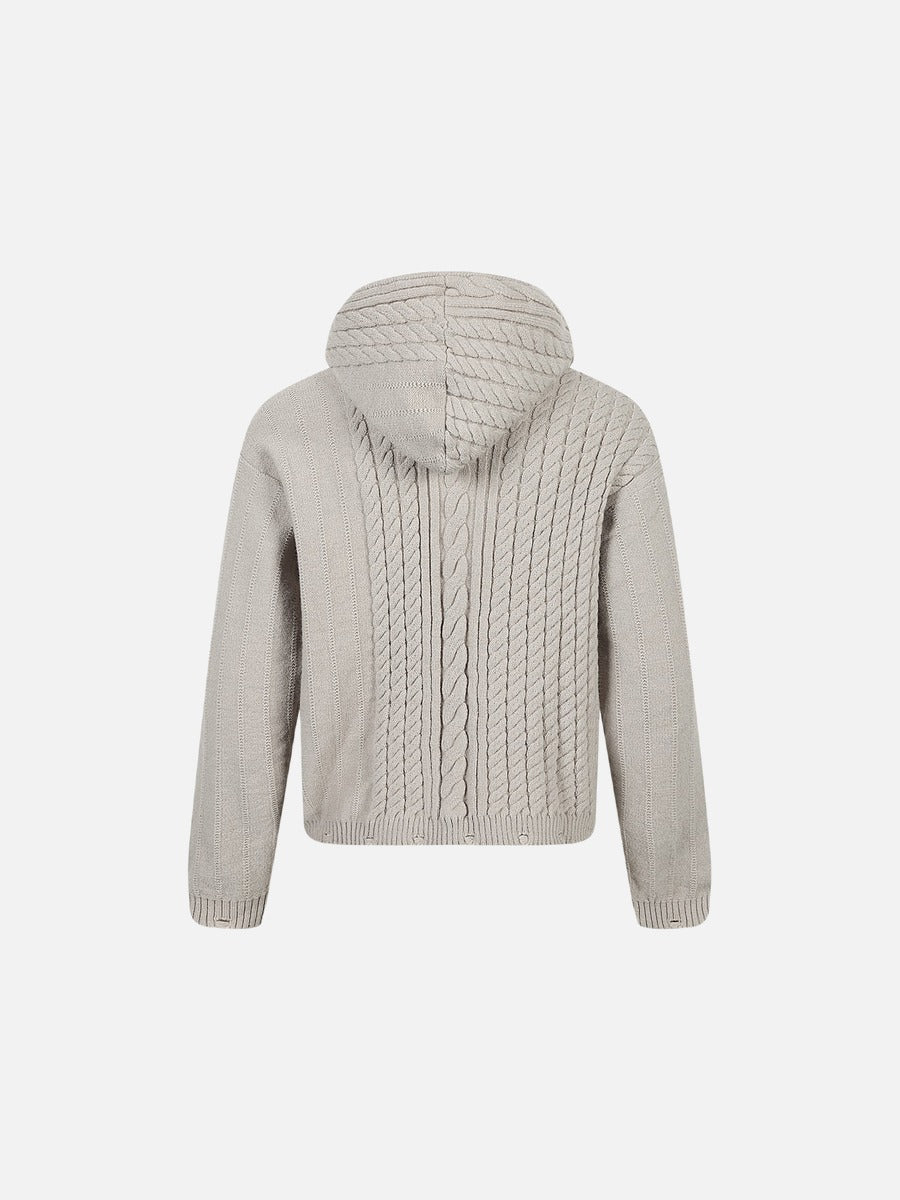 Vertical Cable Knit Hooded Cardigan