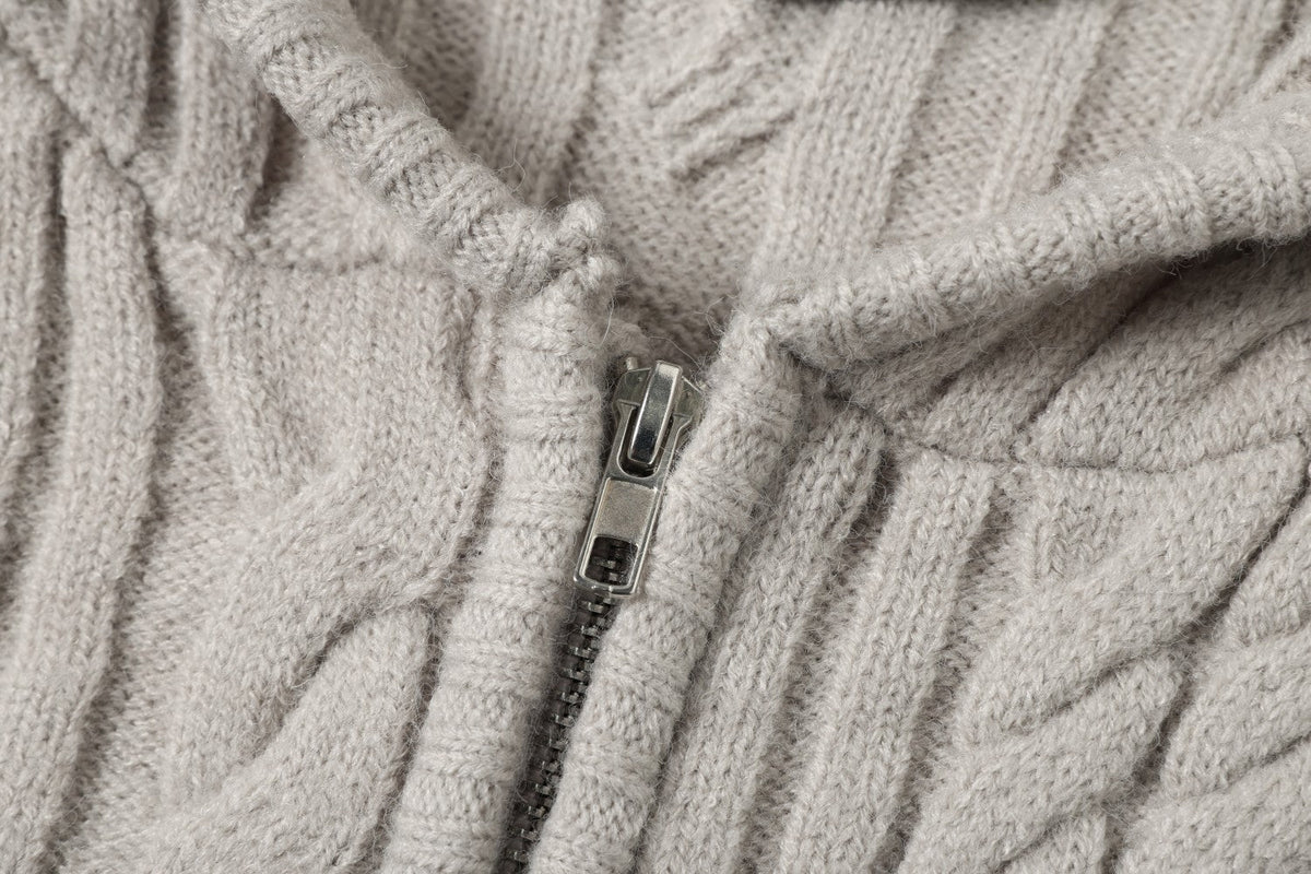 Vertical Cable Knit Hooded Cardigan