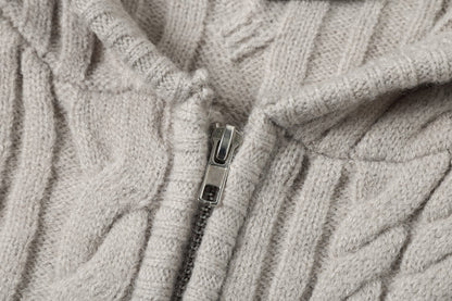 Vertical Cable Knit Hooded Cardigan