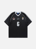 Black short sleeve v-neck football jersey with tonal vertical stripes, chest crest graphics, and a white number 6 on the center front