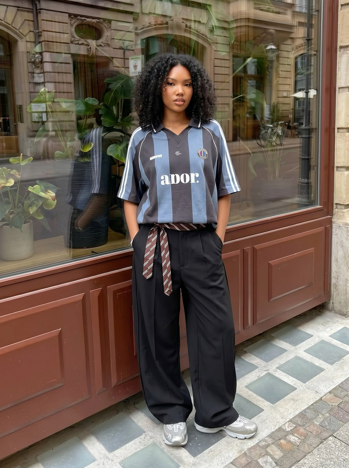 DAXUEN Short-sleeved vertical stripe polo shirt — model photo