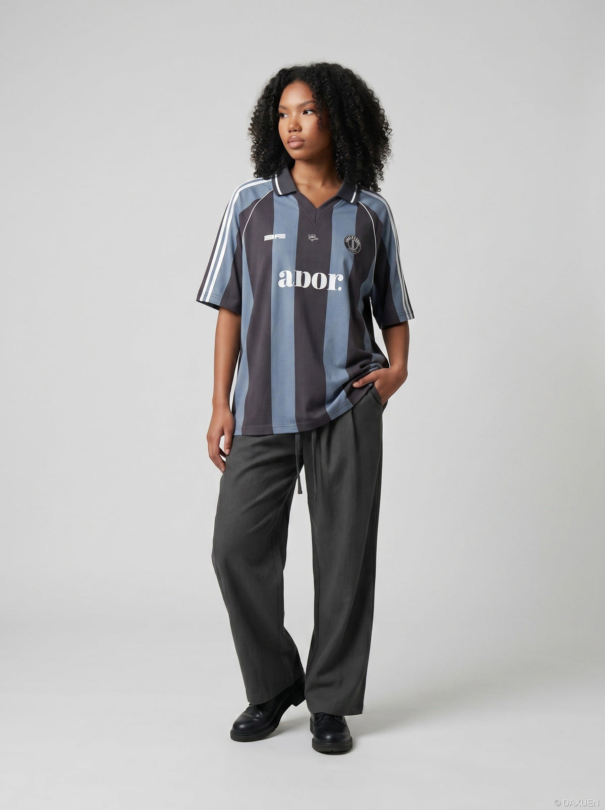DAXUEN Short-sleeved vertical stripe polo shirt — model photo