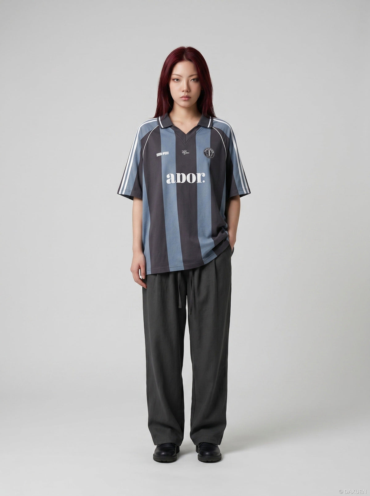 DAXUEN Short-sleeved vertical stripe polo shirt — model photo