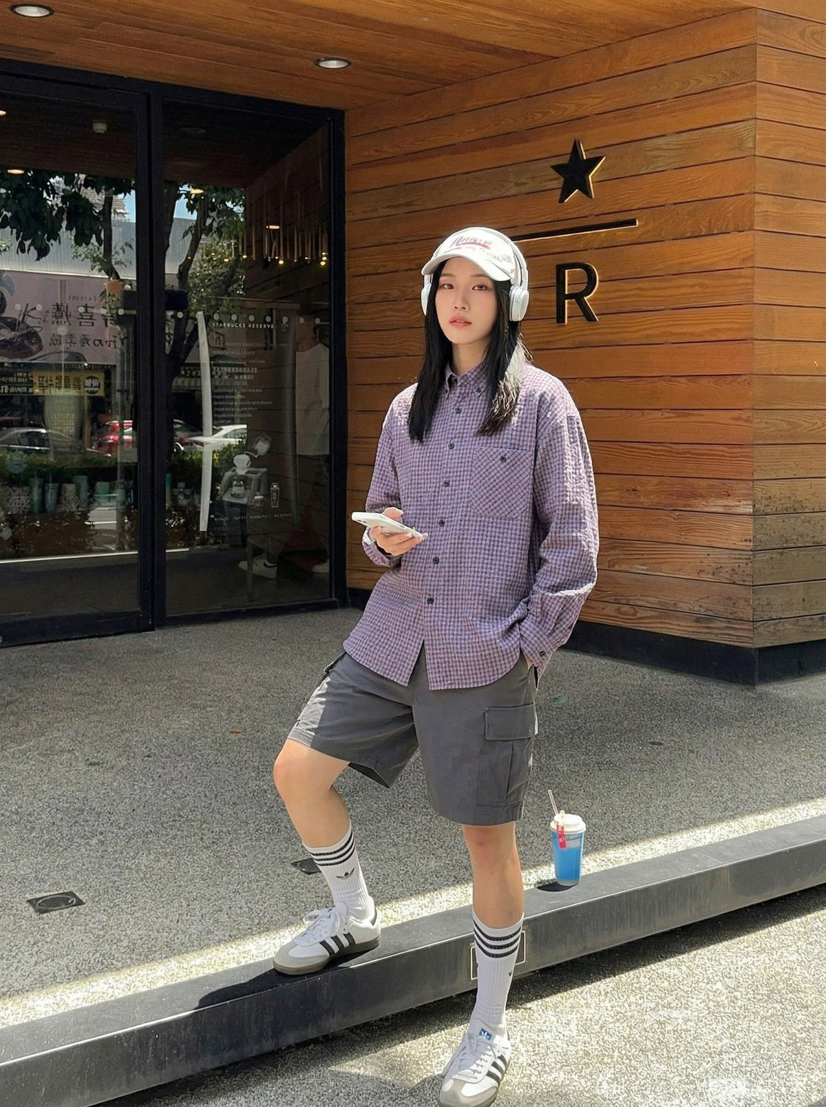 DAXUEN Long sleeve button-down shirt with grid check pattern — model photo