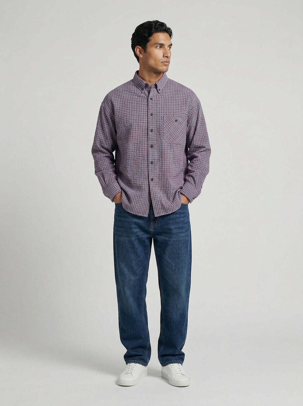DAXUEN Long sleeve button-down shirt with grid check pattern — model photo