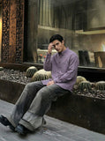 DAXUEN Long sleeve button-down shirt with grid check pattern — model photo
