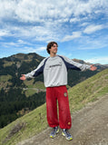 DAXUEN vibrant blue balloon-silhouette sweatpants with embroidered crest — model photo