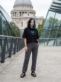 DAXUEN black oversized blue butterfly graphic tee — model photo