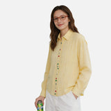 DAXUEN Pale yellow long-sleeved button-up shirt with colorful buttons