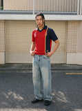 DAXUEN red and navy color-blocked knitted polo shirt — model photo