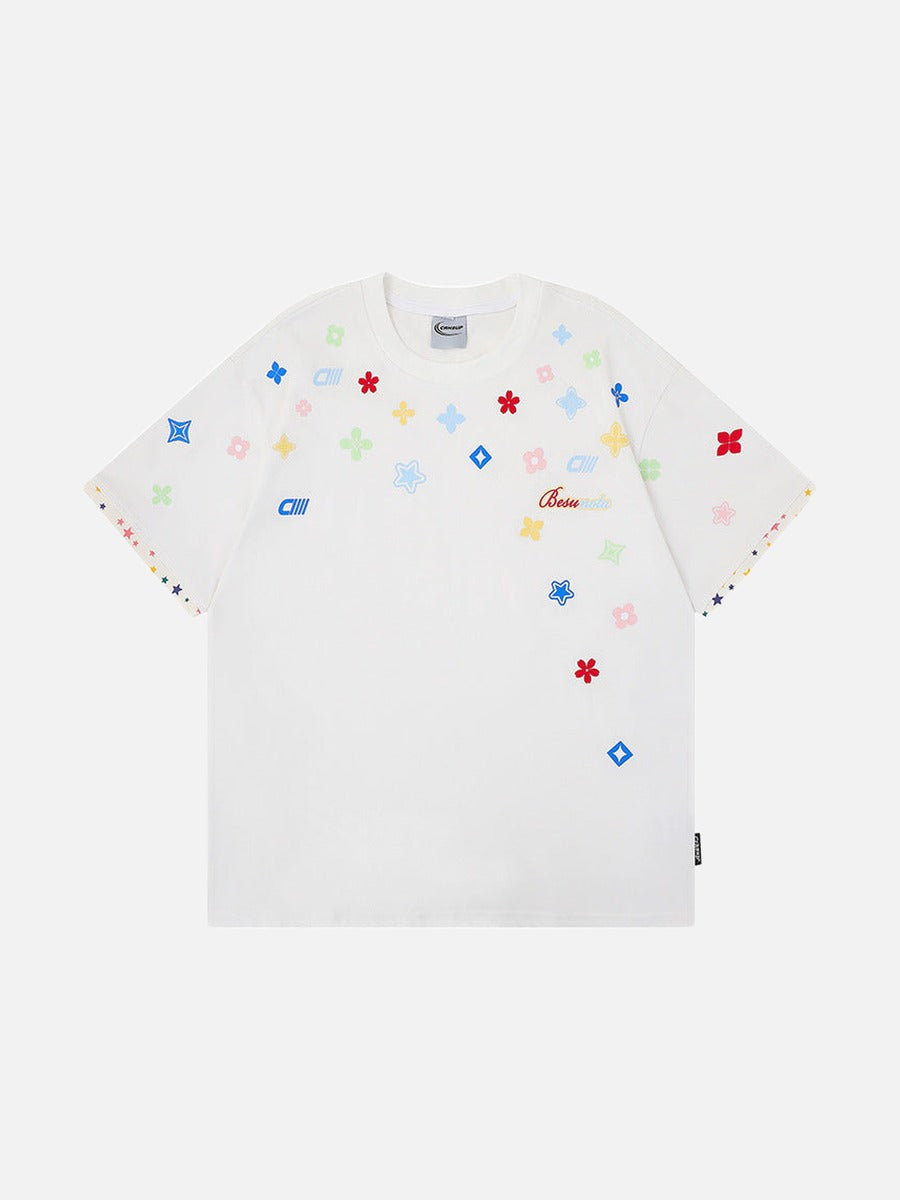 Graphic crew neck t-shirt with embroidered designs