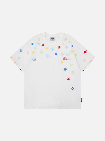 Graphic crew neck t-shirt with embroidered designs