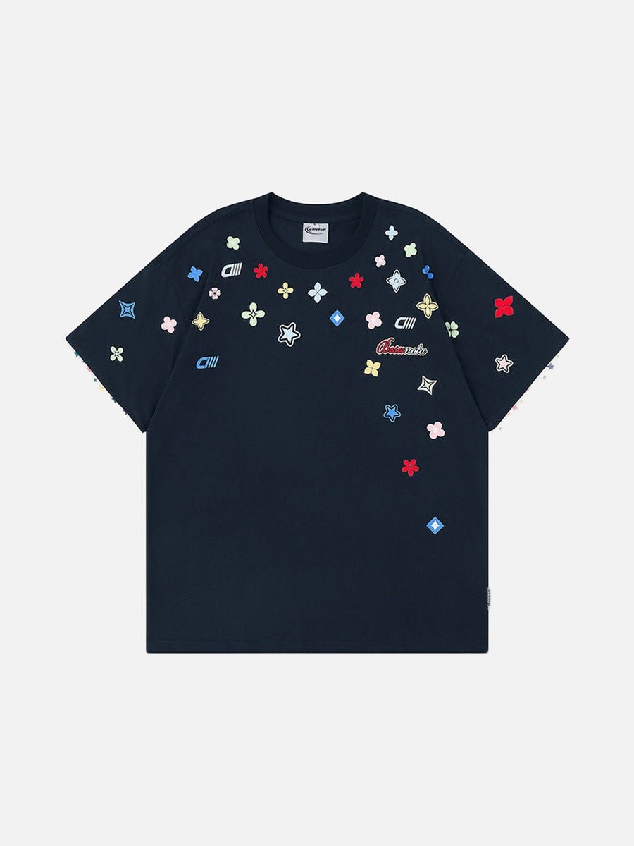 Graphic crew neck t-shirt with embroidered designs