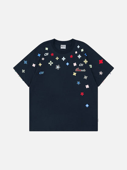 Graphic crew neck t-shirt with embroidered designs