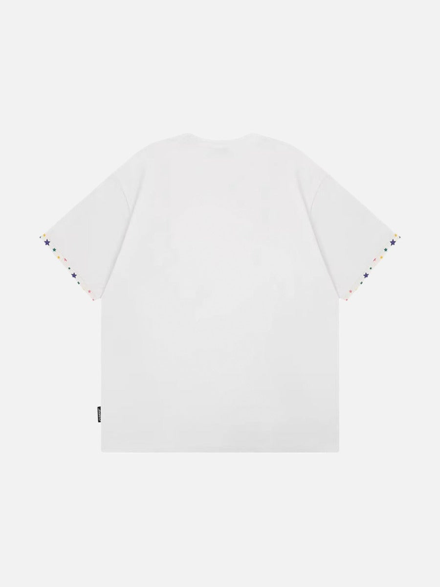 Graphic crew neck t-shirt with embroidered designs