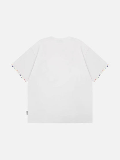 Graphic crew neck t-shirt with embroidered designs