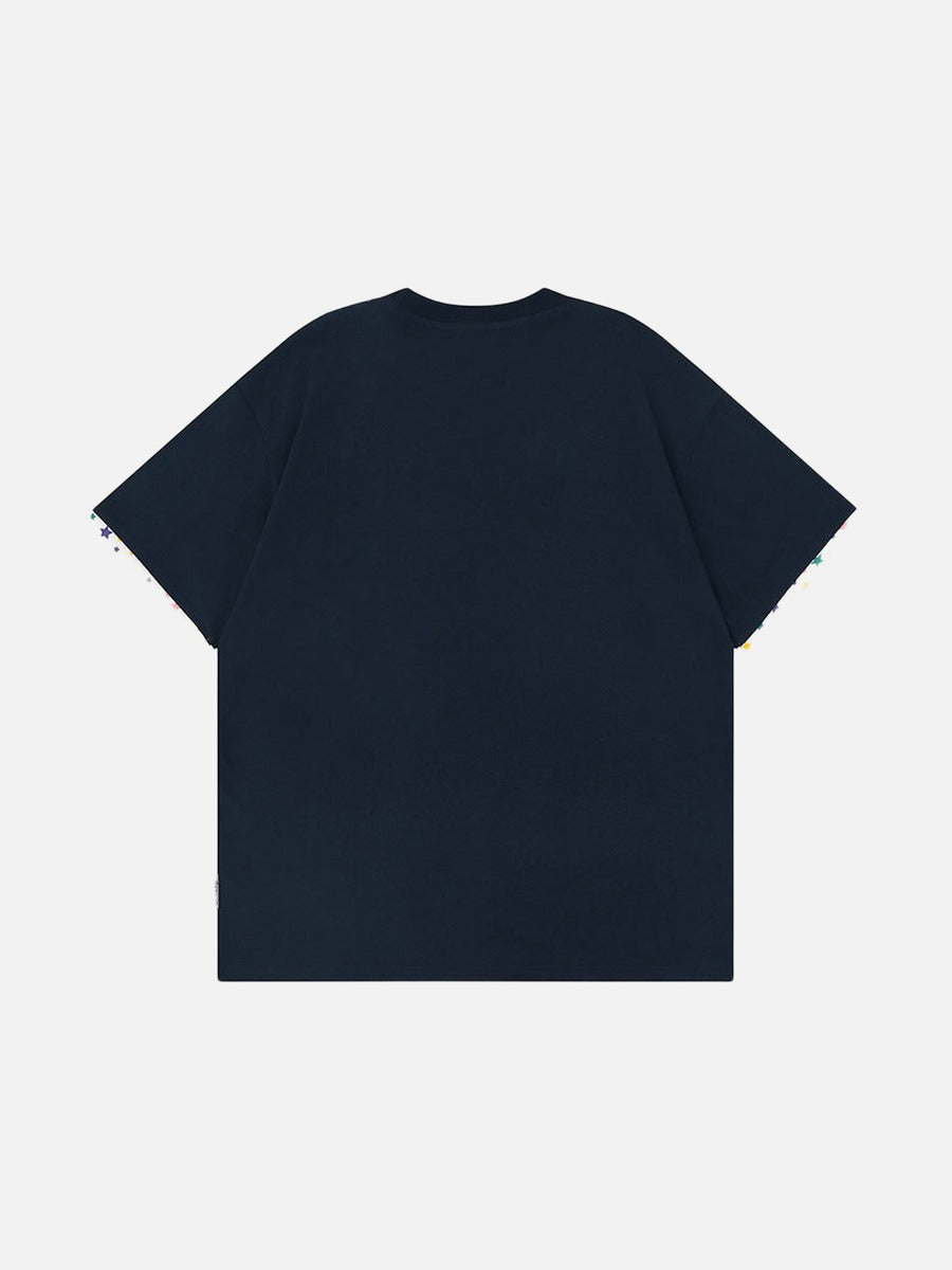 Graphic crew neck t-shirt with embroidered designs