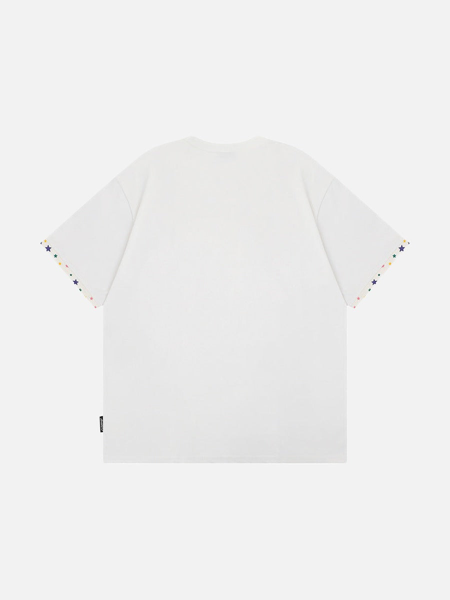 Graphic crew neck t-shirt with embroidered designs