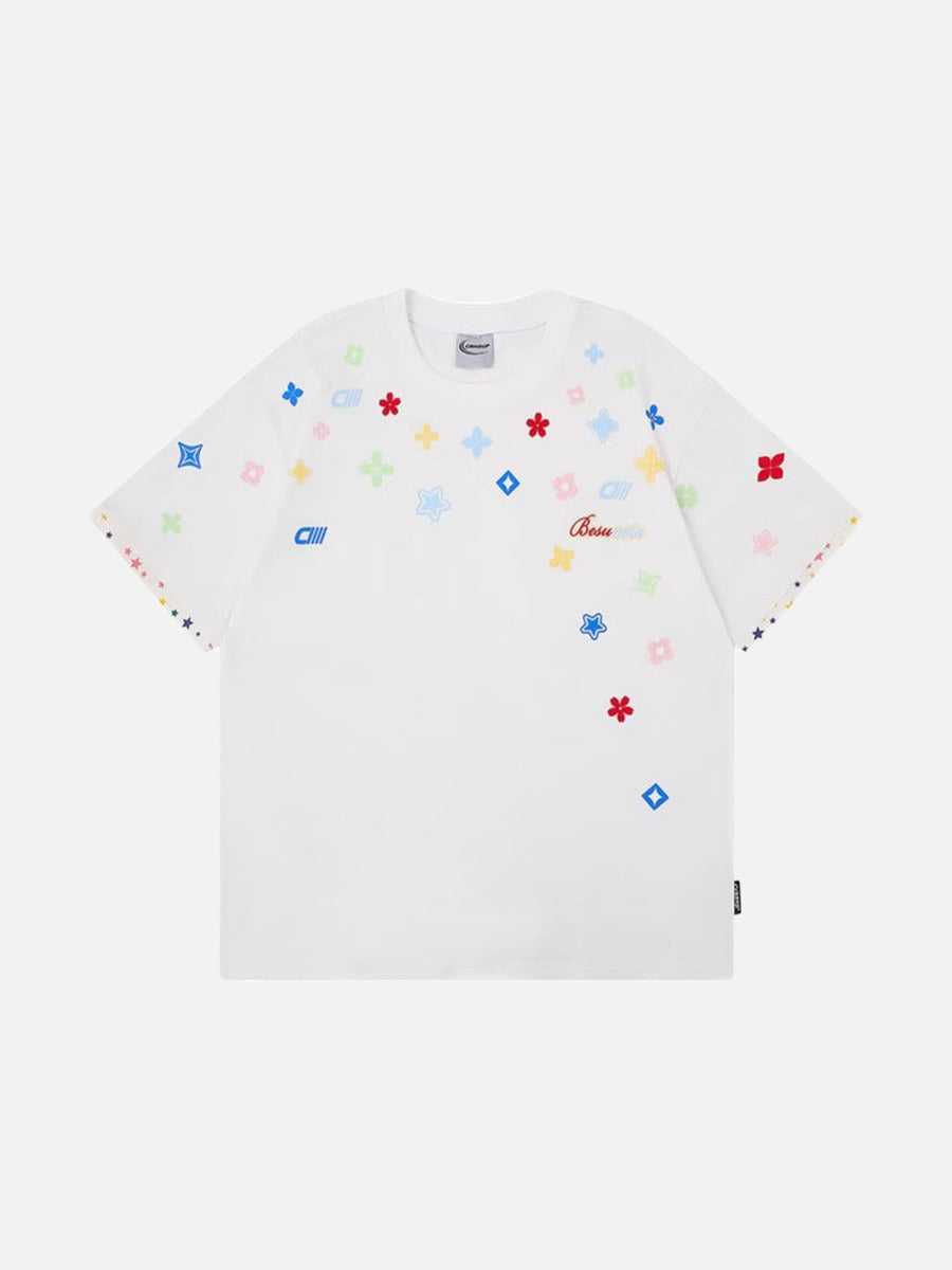 Graphic crew neck t-shirt with embroidered designs