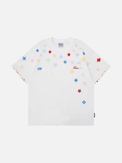 Graphic crew neck t-shirt with embroidered designs