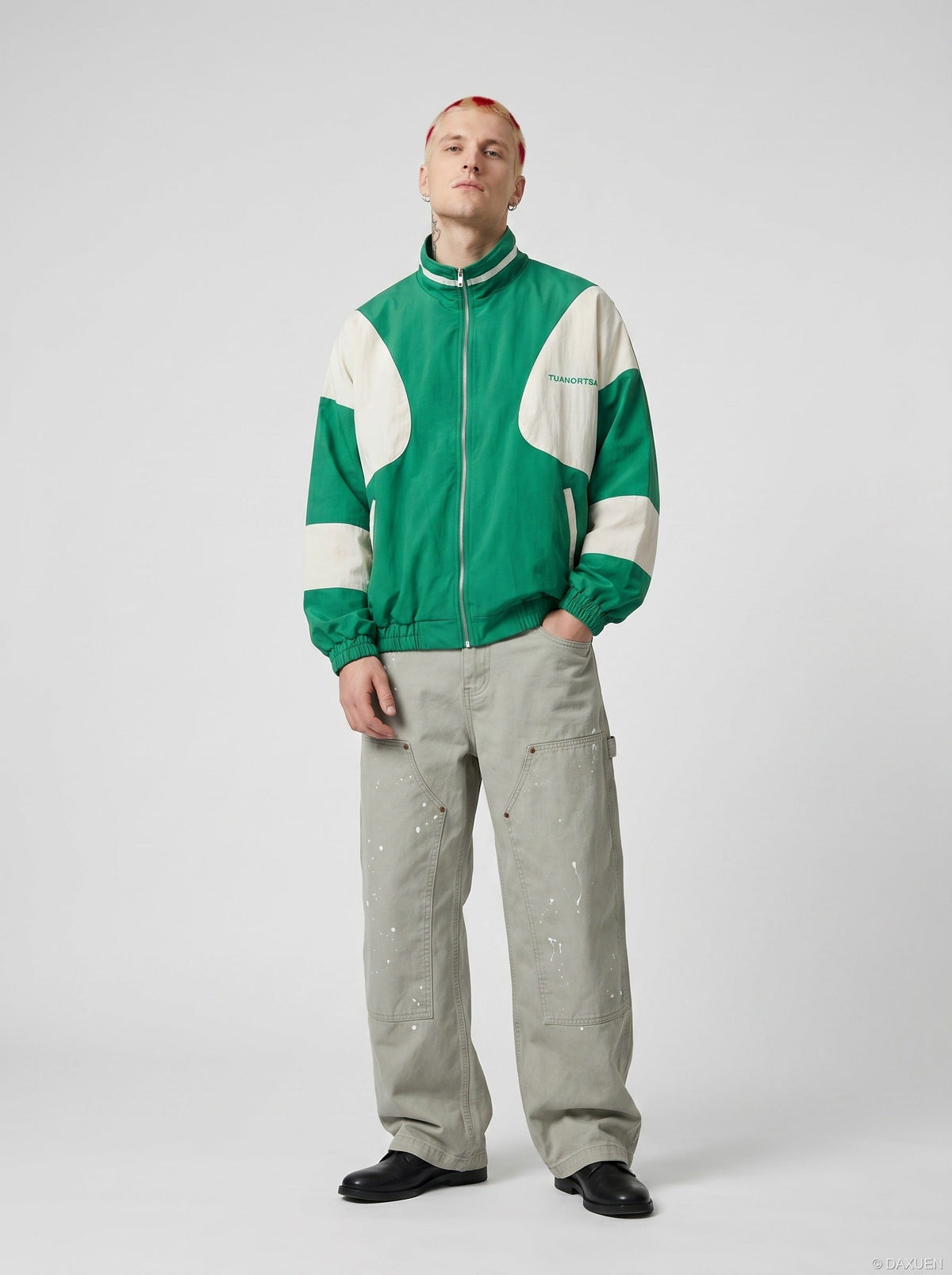 DAXUEN vibrant green colour-block track jacket — model photo