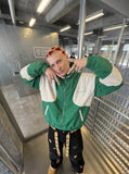 DAXUEN vibrant green colour-block track jacket — model photo