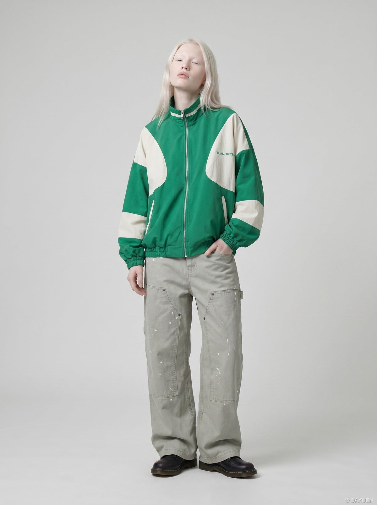 DAXUEN vibrant green colour-block track jacket — model photo