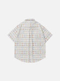 DAXUEN Short-sleeved button-up shirt with plaid pattern and embroidered patches