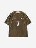 Flat lay of a brown short sleeve football jersey t-shirt with white piping, a v-neck, and a white number 7 graphic on the center chest