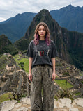 DAXUEN Vintage graphic t-shirt featuring musical instruments — model photo