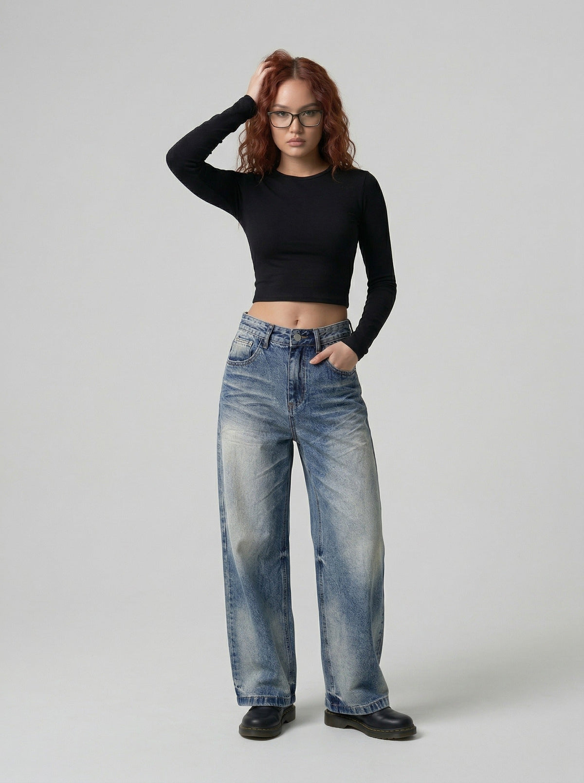 DAXUEN Wide-leg loose-fit denim jeans with high-rise waist — model photo