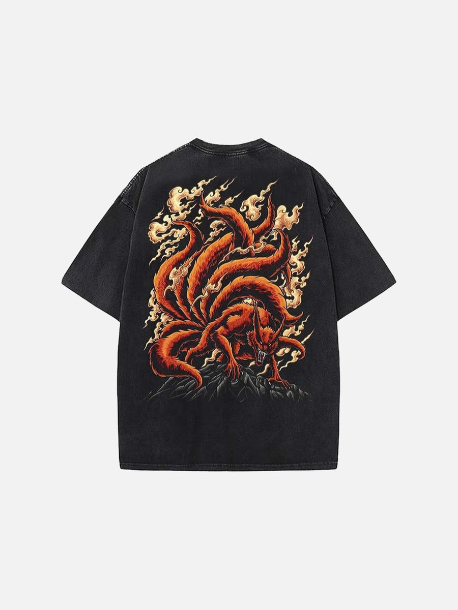 DAXUEN Black oversized graphic t-shirt with Kyuubi design