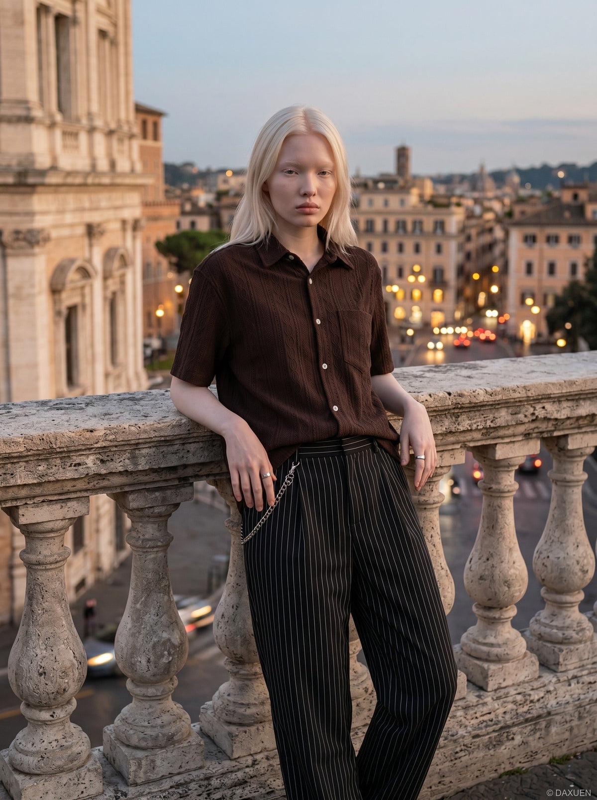 DAXUEN Vintage short-sleeve button-up shirt with textured fabric — model photo