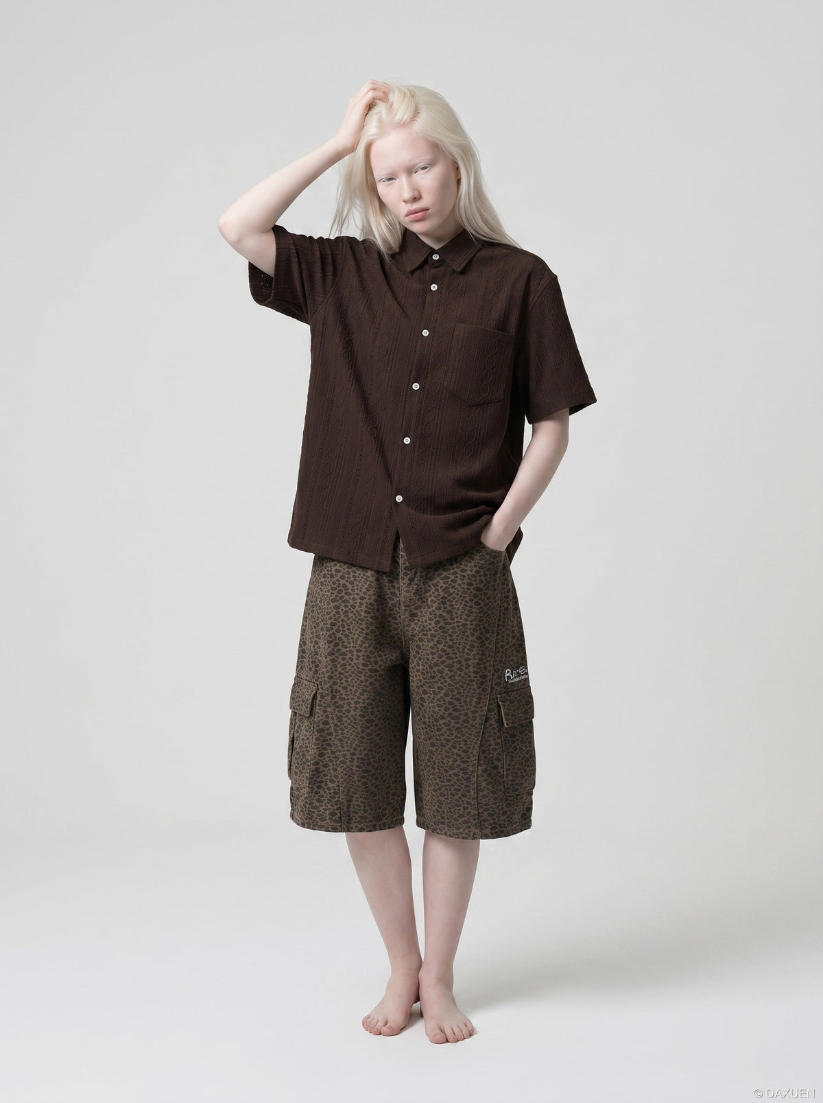 DAXUEN Vintage short-sleeve button-up shirt with textured fabric — model photo