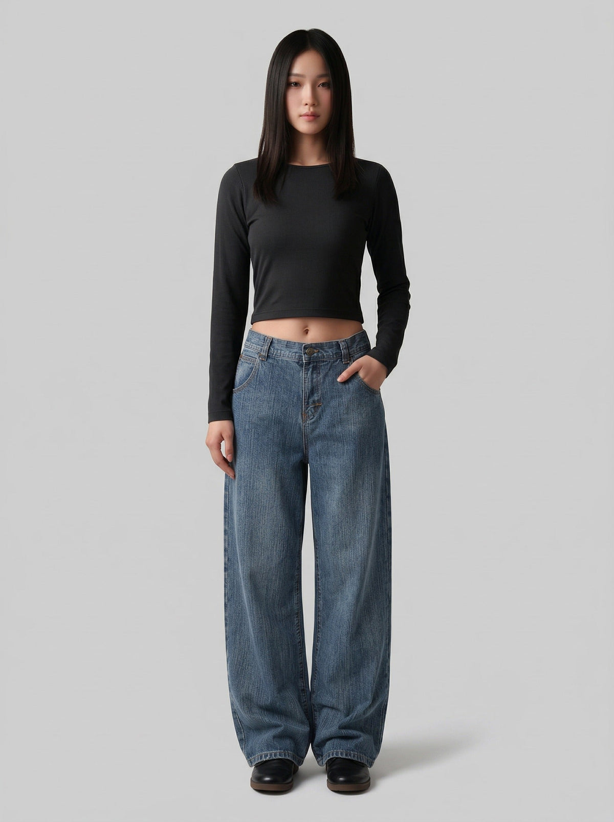 DAXUEN Loose wide leg denim jeans in medium blue wash — model photo