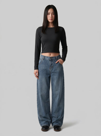 DAXUEN Loose wide leg denim jeans in medium blue wash — model photo