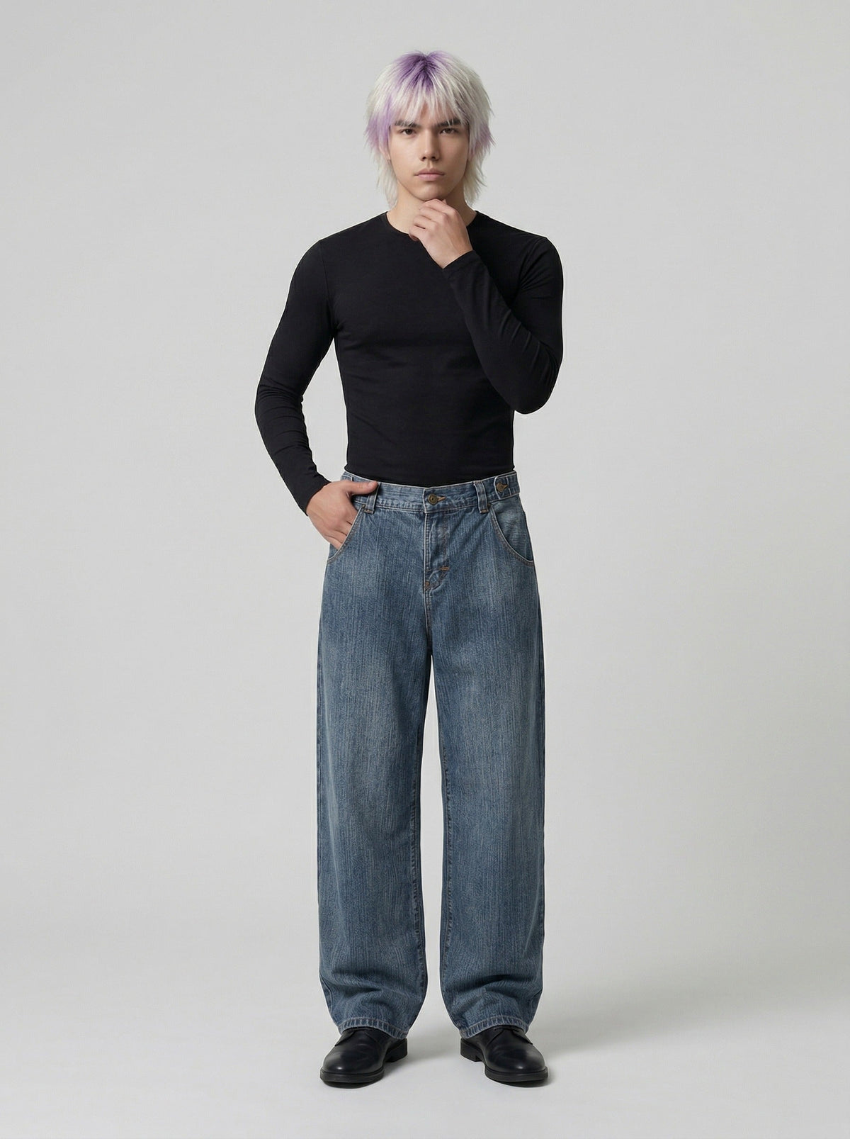 DAXUEN Loose wide leg denim jeans in medium blue wash — model photo