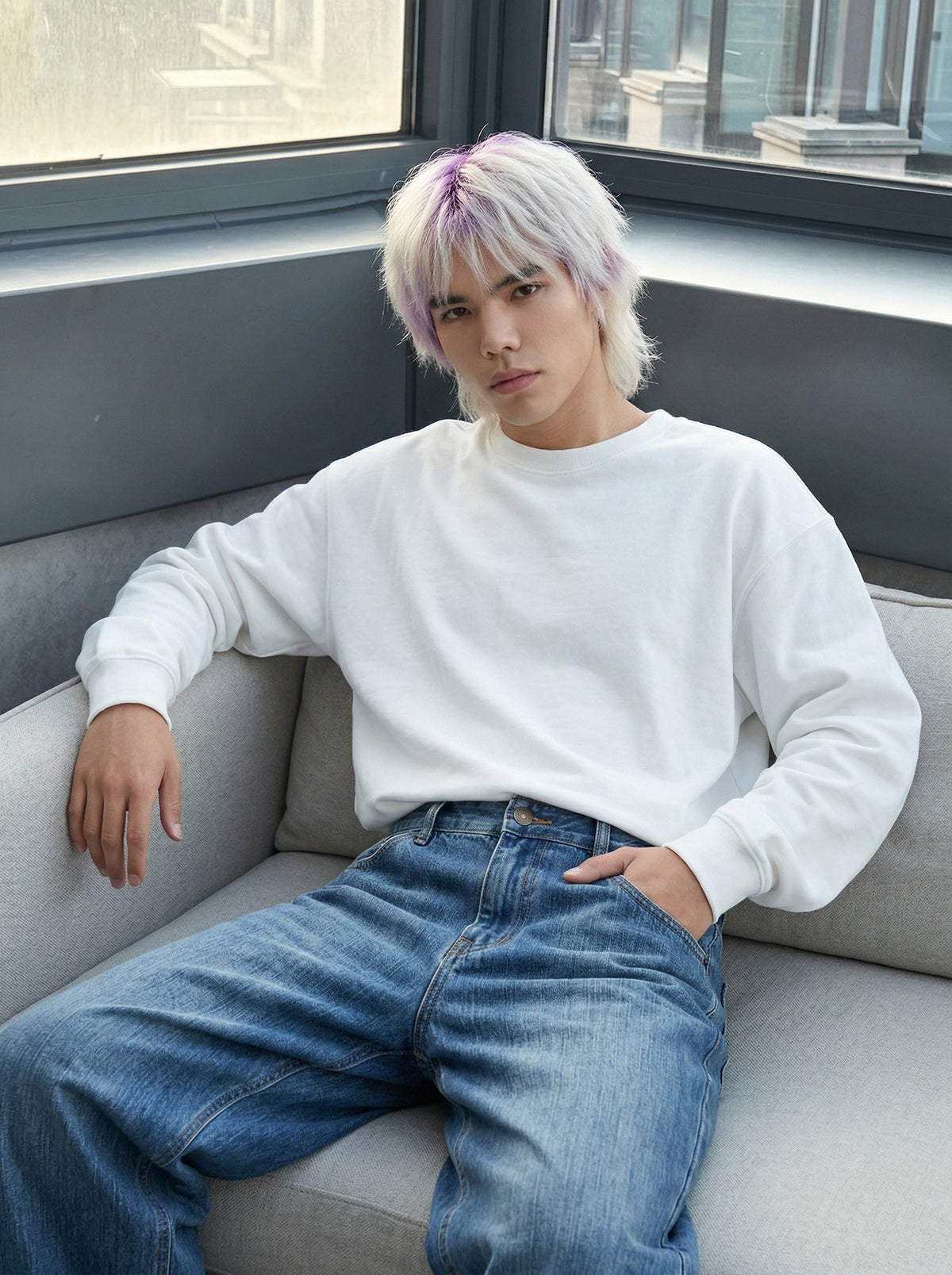 DAXUEN Loose wide leg denim jeans in medium blue wash — model photo