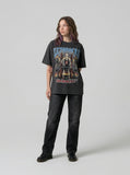 DAXUEN Skeleton graphic T-shirt with flames and text — model photo