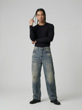 DAXUEN High-waisted wide-leg jeans in faded medium blue denim — model photo