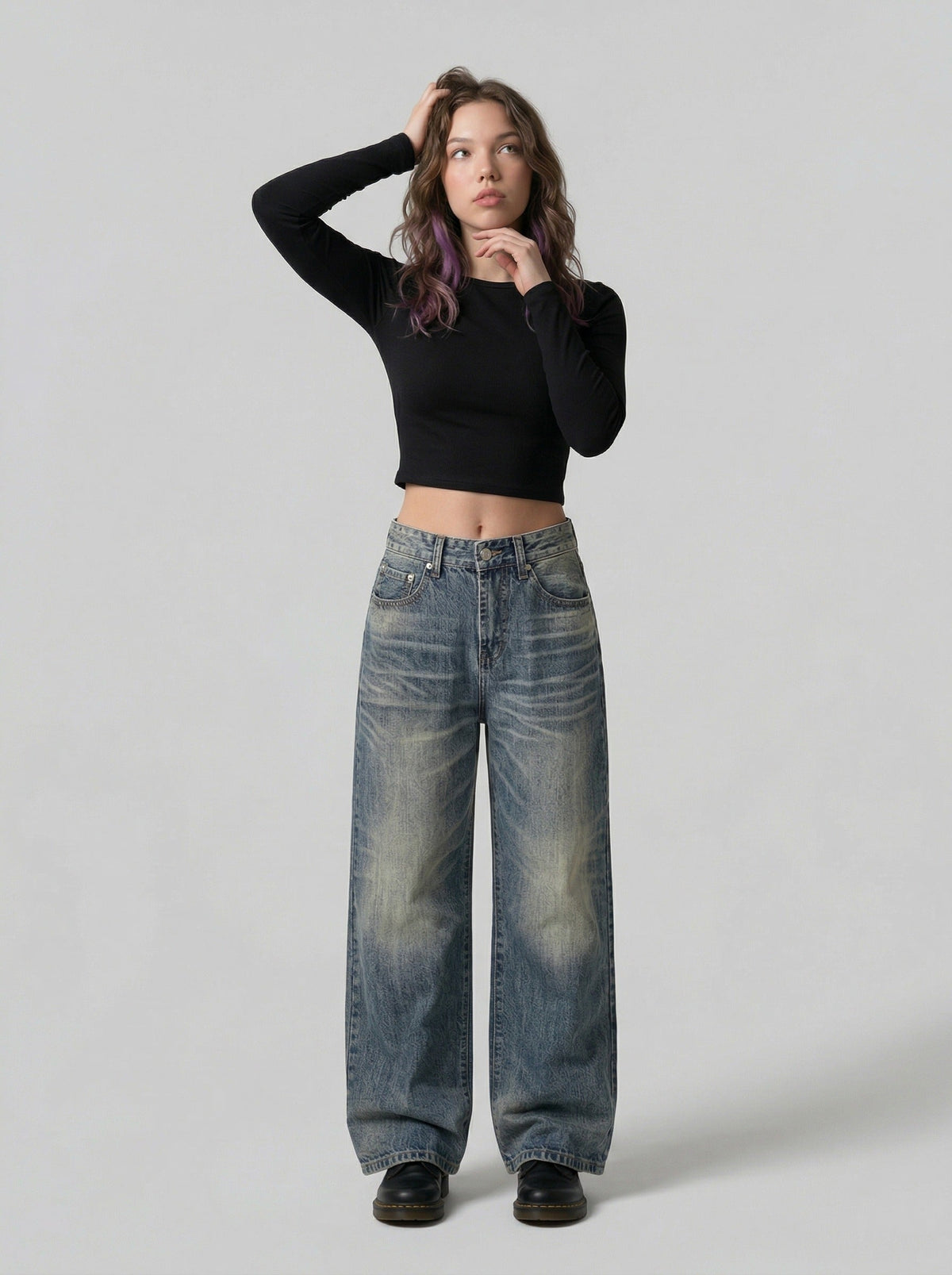 DAXUEN High-waisted wide-leg jeans in faded medium blue denim — model photo