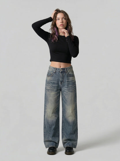 DAXUEN High-waisted wide-leg jeans in faded medium blue denim — model photo