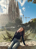 DAXUEN High-waisted wide-leg jeans in faded medium blue denim — model photo
